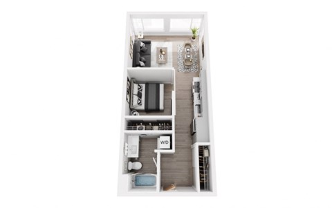 A top-down view of a small apartment with a kitchen, living room, and bedroom.